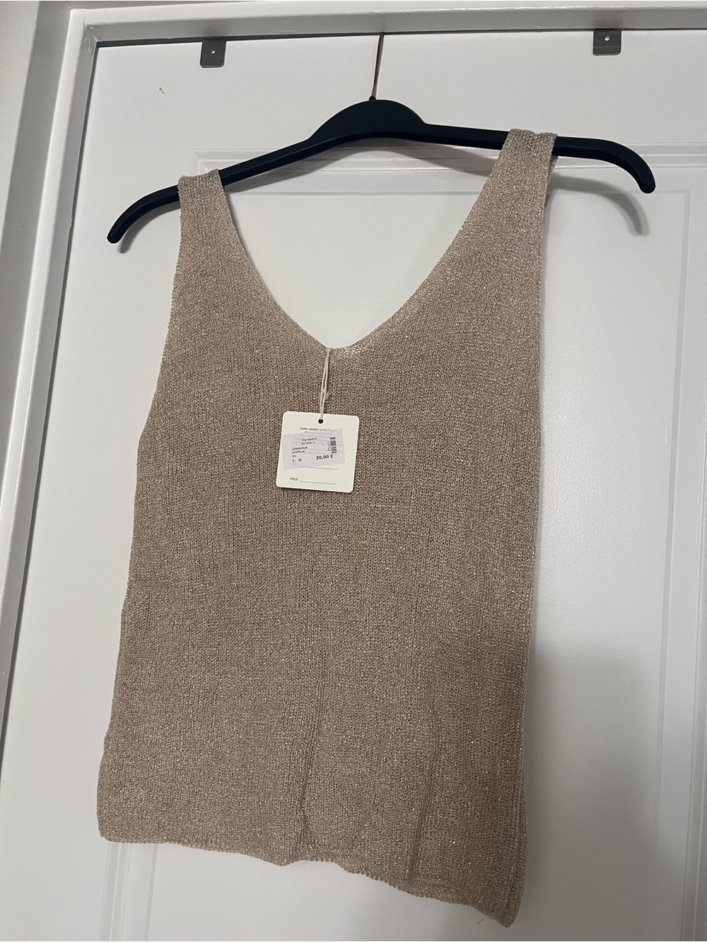 Sleeveless V-Neck Shimmer Knit Top in Beige